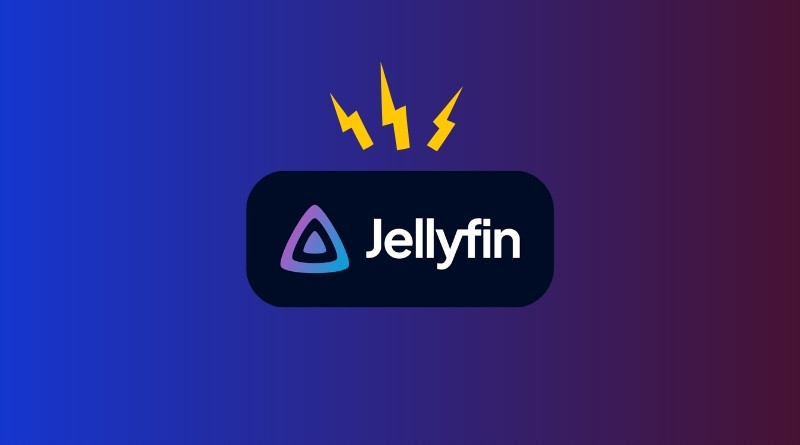 Jellyfin logo on a dark rounded badge with a purple-blue triangle icon and three yellow lightning bolts above on a blue–purple gradient background.