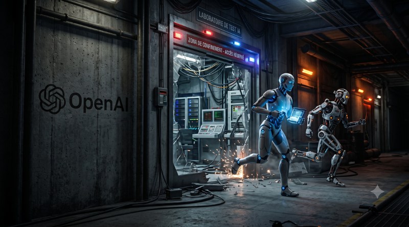 OpenAI logo on a concrete wall as two robots rush from a server room down a dark, high-tech lab corridor.