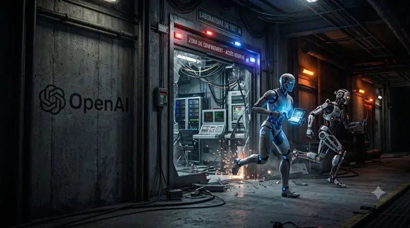 OpenAI logo on a concrete wall as two robots rush from a server room down a dark, high-tech lab corridor.