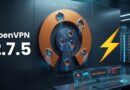 OpenVPN 2.7.5 promotional banner with a large circular breach-themed graphic and a neon server room background