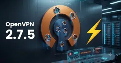 OpenVPN 2.7.5 promotional banner with a large circular breach-themed graphic and a neon server room background