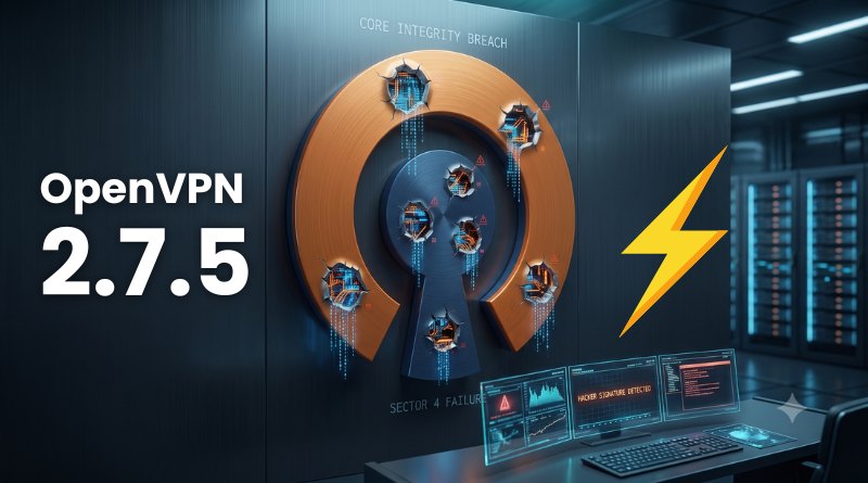 OpenVPN 2.7.5 promotional banner with a large circular breach-themed graphic and a neon server room background
