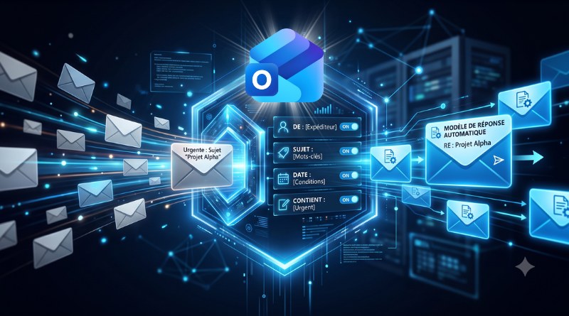 Outlook logo above a neon blue network of floating emails and automated workflow panels, symbolizing email automation in the cloud.