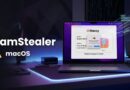 Banner showing 'PamStealer macOS' with a yellow warning icon next to macOS, over a neon-lit desk with a laptop display