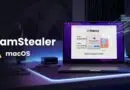 Banner showing 'PamStealer macOS' with a yellow warning icon next to macOS, over a neon-lit desk with a laptop display