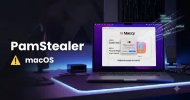 Banner showing 'PamStealer macOS' with a yellow warning icon next to macOS, over a neon-lit desk with a laptop display