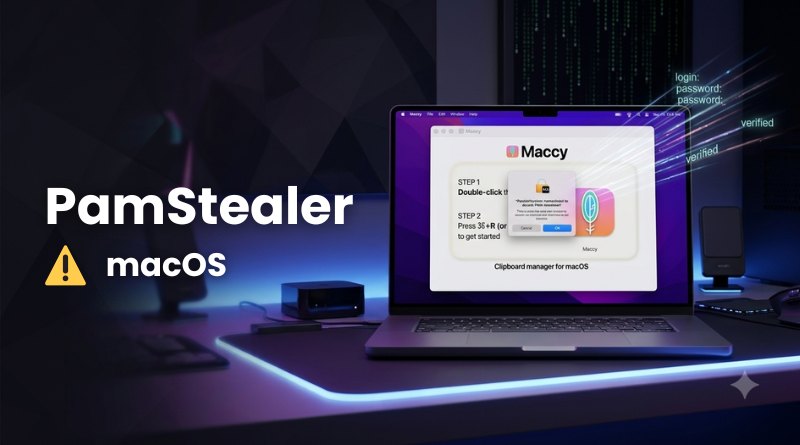 Banner showing 'PamStealer macOS' with a yellow warning icon next to macOS, over a neon-lit desk with a laptop display