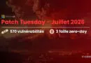 Microsoft Patch Tuesday "Juillet 2026" banner: 570 vulnerabilities and 3 zero-day flaws over a dark red mountainscape, IT-Connect watermark.