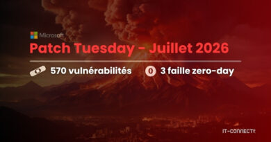 Microsoft Patch Tuesday "Juillet 2026" banner: 570 vulnerabilities and 3 zero-day flaws over a dark red mountainscape, IT-Connect watermark.