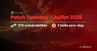 Microsoft Patch Tuesday "Juillet 2026" banner: 570 vulnerabilities and 3 zero-day flaws over a dark red mountainscape, IT-Connect watermark.