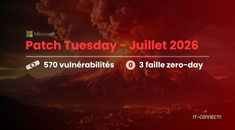 Microsoft Patch Tuesday "Juillet 2026" banner: 570 vulnerabilities and 3 zero-day flaws over a dark red mountainscape, IT-Connect watermark.