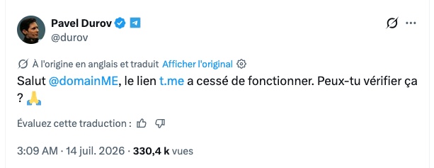 Pavel Durov sur X - Blocage du domaine Telegram