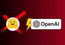 OpenAI logo with a yellow lightning bolt on a rounded white badge, on a red gradient background, overlapped by a red X and a smiling emoji in a white circle.