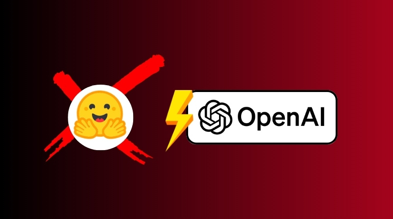 OpenAI logo with a yellow lightning bolt on a rounded white badge, on a red gradient background, overlapped by a red X and a smiling emoji in a white circle.