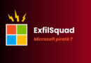 ExfilSquad logo: a 2x2 grid of colorful squares with yellow lightning bolts above, and the text ‘ExfilSquad’ with ‘Microsoft piraté ?’ on a dark red gradient background.