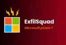 ExfilSquad logo: a 2x2 grid of colorful squares with yellow lightning bolts above, and the text ‘ExfilSquad’ with ‘Microsoft piraté ?’ on a dark red gradient background.