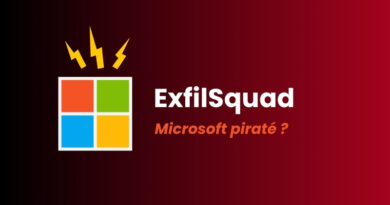 ExfilSquad logo: a 2x2 grid of colorful squares with yellow lightning bolts above, and the text ‘ExfilSquad’ with ‘Microsoft piraté ?’ on a dark red gradient background.