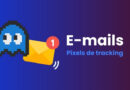 Pixel art Ghost with a notification badge and a yellow envelope, next to the text 'E-mails' and 'Pixels de tracking' on a blue‑purple gradient background.