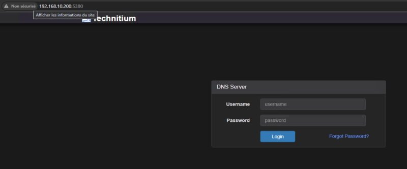 Première connexion à la console d'administration de Technitium DNS Server