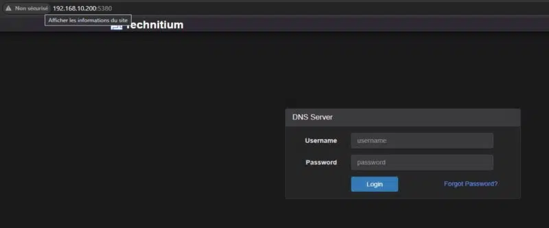 Première connexion à la console d'administration de Technitium DNS Server