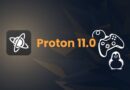 Proton 11.0 banner with the logo, a game controller icon, and a Linux penguin on a dark geometric background