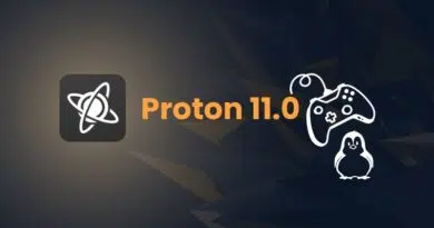 Proton 11.0 banner with the logo, a game controller icon, and a Linux penguin on a dark geometric background