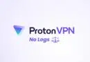 ProtonVPN logo with the 'No Logs' motto and a purple scales icon on a light gradient background