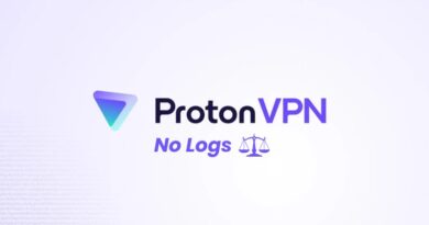 ProtonVPN logo with the 'No Logs' motto and a purple scales icon on a light gradient background
