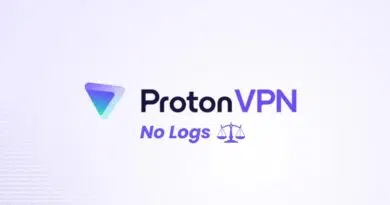 ProtonVPN logo with the 'No Logs' motto and a purple scales icon on a light gradient background