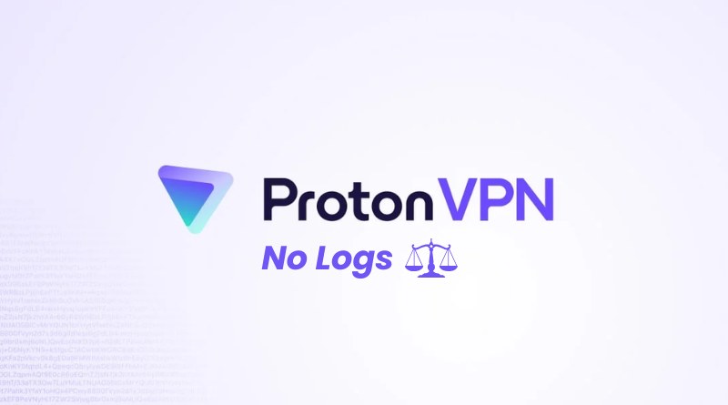 ProtonVPN logo with the 'No Logs' motto and a purple scales icon on a light gradient background
