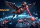 Robotic duck with a RustDuck logo flies over a glowing globe, shooting a red laser at a hotspot amid digital network icons on a dark tech background.
