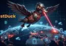 Robotic duck with a RustDuck logo flies over a glowing globe, shooting a red laser at a hotspot amid digital network icons on a dark tech background.