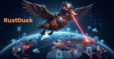 Robotic duck with a RustDuck logo flies over a glowing globe, shooting a red laser at a hotspot amid digital network icons on a dark tech background.