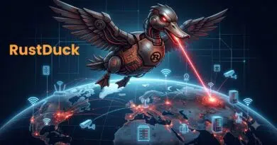 Robotic duck with a RustDuck logo flies over a glowing globe, shooting a red laser at a hotspot amid digital network icons on a dark tech background.
