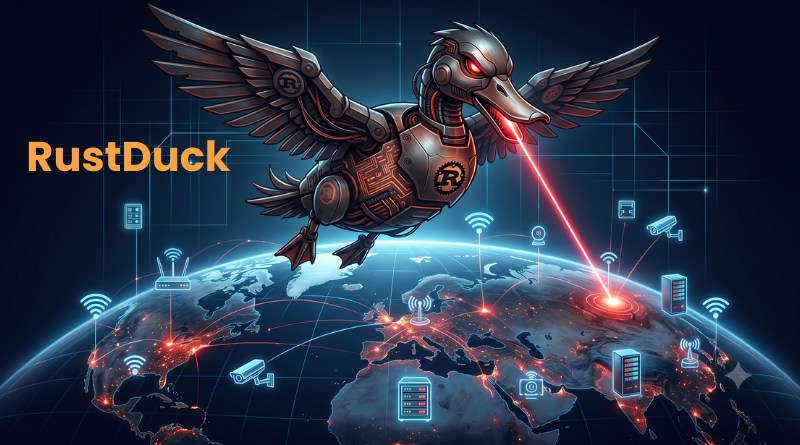 Robotic duck with a RustDuck logo flies over a glowing globe, shooting a red laser at a hotspot amid digital network icons on a dark tech background.