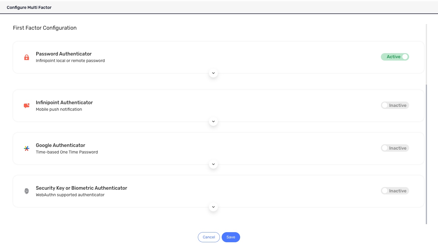 Configure Multi-Factor: first-factor options—Password, Infinipoint, Google Authenticator, and Security Key; Password is Active, others Inactive
