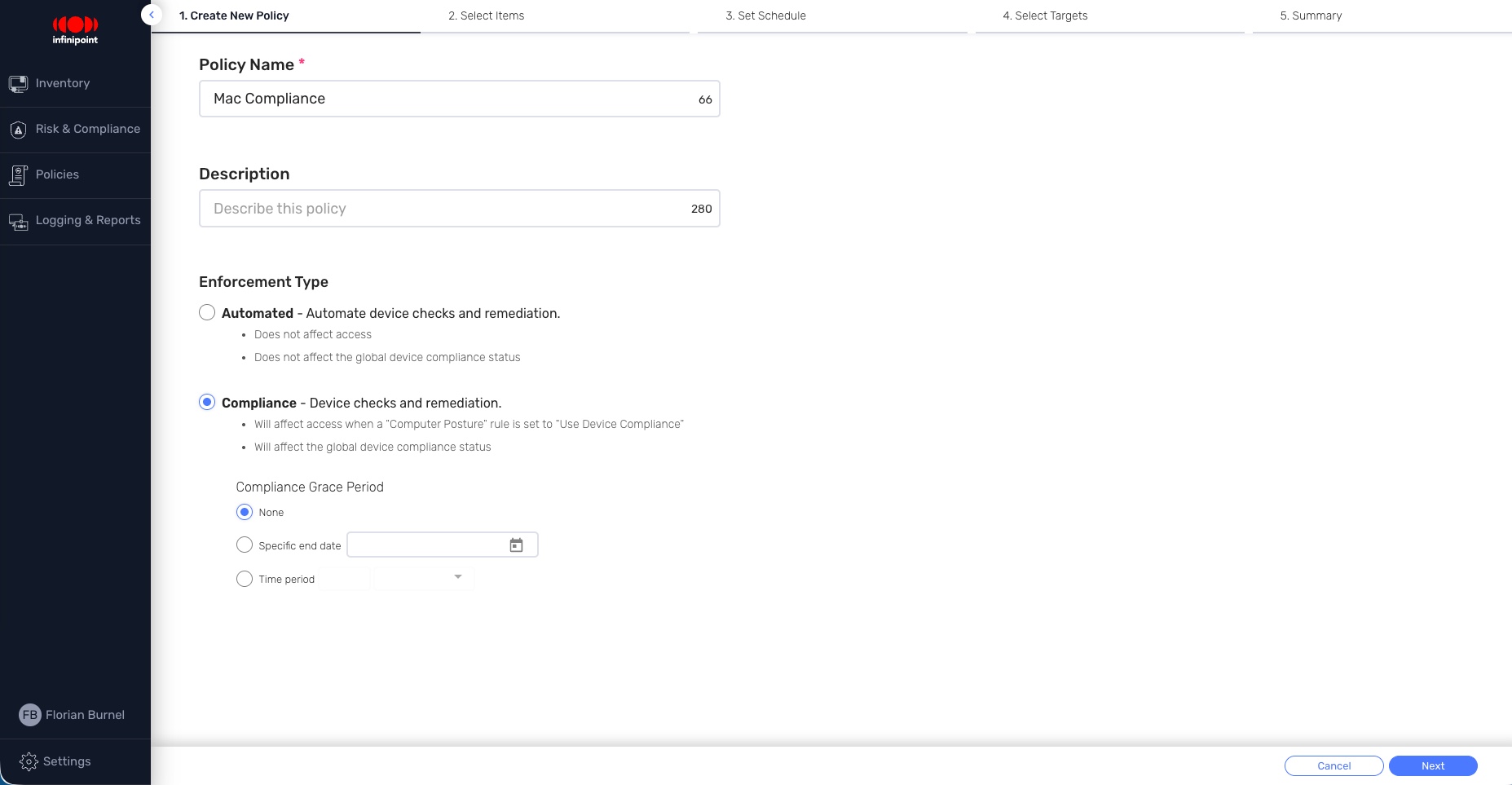 Policy creation form showing name 'Mac Compliance', description, enforcement type 'Compliance' selected, and grace period set to None, with Next and Cancel buttons visible at bottom.