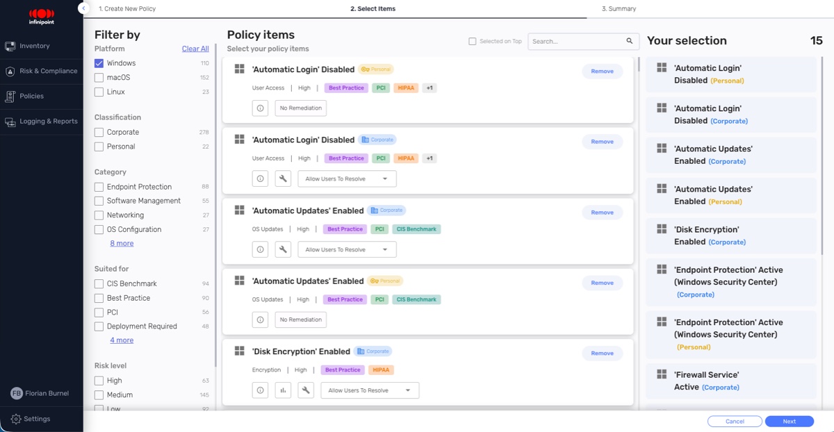 Dashboard UI for policy management showing filter pane on the left, a list of policy items in the center, and a selection panel on the right.