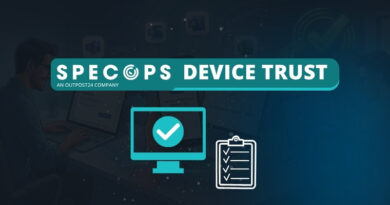Banner for Specs Device Trust by Outpost24, featuring a monitor with a checkmark and a clipboard icon (background shows a person at a computer).