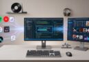 Dual-monitor workstation with a central code editor reading 'Music Scraper v3.2' and app icons streaming music toward both screens; keyboard and mouse on a white desk, headphones on the wall, vinyl record decor.