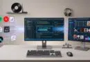Dual-monitor workstation with a central code editor reading 'Music Scraper v3.2' and app icons streaming music toward both screens; keyboard and mouse on a white desk, headphones on the wall, vinyl record decor.