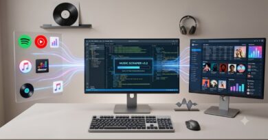 Dual-monitor workstation with a central code editor reading 'Music Scraper v3.2' and app icons streaming music toward both screens; keyboard and mouse on a white desk, headphones on the wall, vinyl record decor.