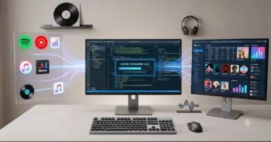Dual-monitor workstation with a central code editor reading 'Music Scraper v3.2' and app icons streaming music toward both screens; keyboard and mouse on a white desk, headphones on the wall, vinyl record decor.