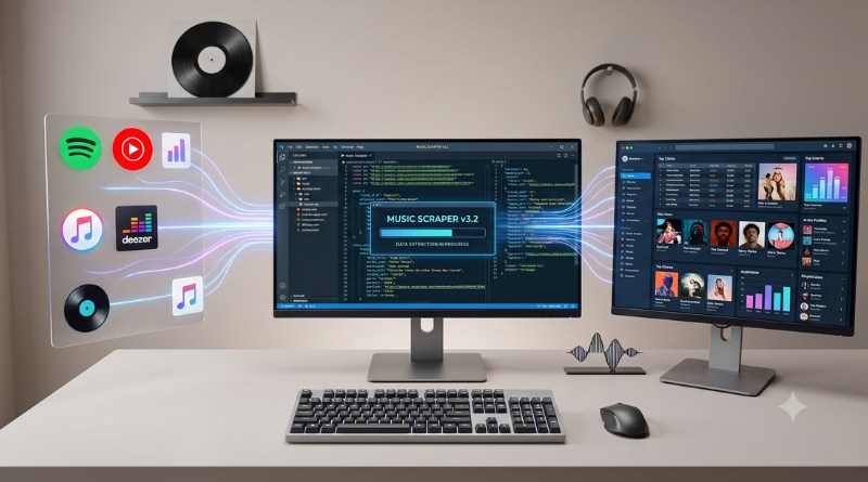 Dual-monitor workstation with a central code editor reading 'Music Scraper v3.2' and app icons streaming music toward both screens; keyboard and mouse on a white desk, headphones on the wall, vinyl record decor.