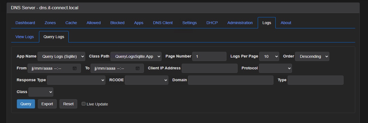 Screenshot of a DNS server management interface showing the Logs tab with a Query Logs form, including fields for app name, class path, page number, logs per page, date range, and filters like client IP, protocol, response type, domain, and type; action buttons labeled Query, Export, Reset and a Live Update option.