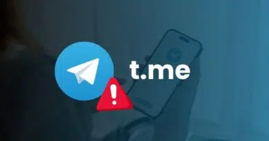 Telegram logo with t.me and a red warning triangle, over a person holding a smartphone—security alert about a suspicious link