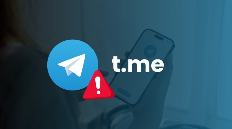 Telegram logo with t.me and a red warning triangle, over a person holding a smartphone—security alert about a suspicious link