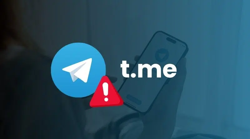 Telegram logo with t.me and a red warning triangle, over a person holding a smartphone—security alert about a suspicious link