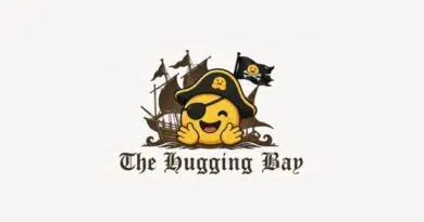 Logo featuring a smiling pirate-emoji with an eyepatch hugging its cheeks in front of a sailing ship, with the gothic text The Hugging Bay beneath it.