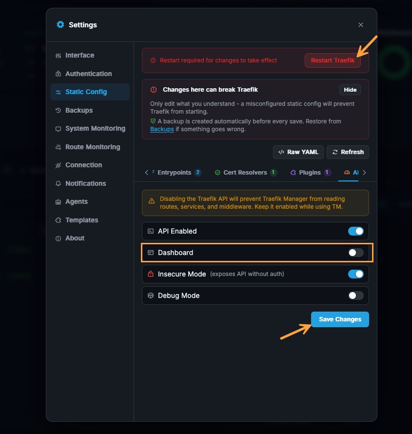 the static configuration editor. After a change, the